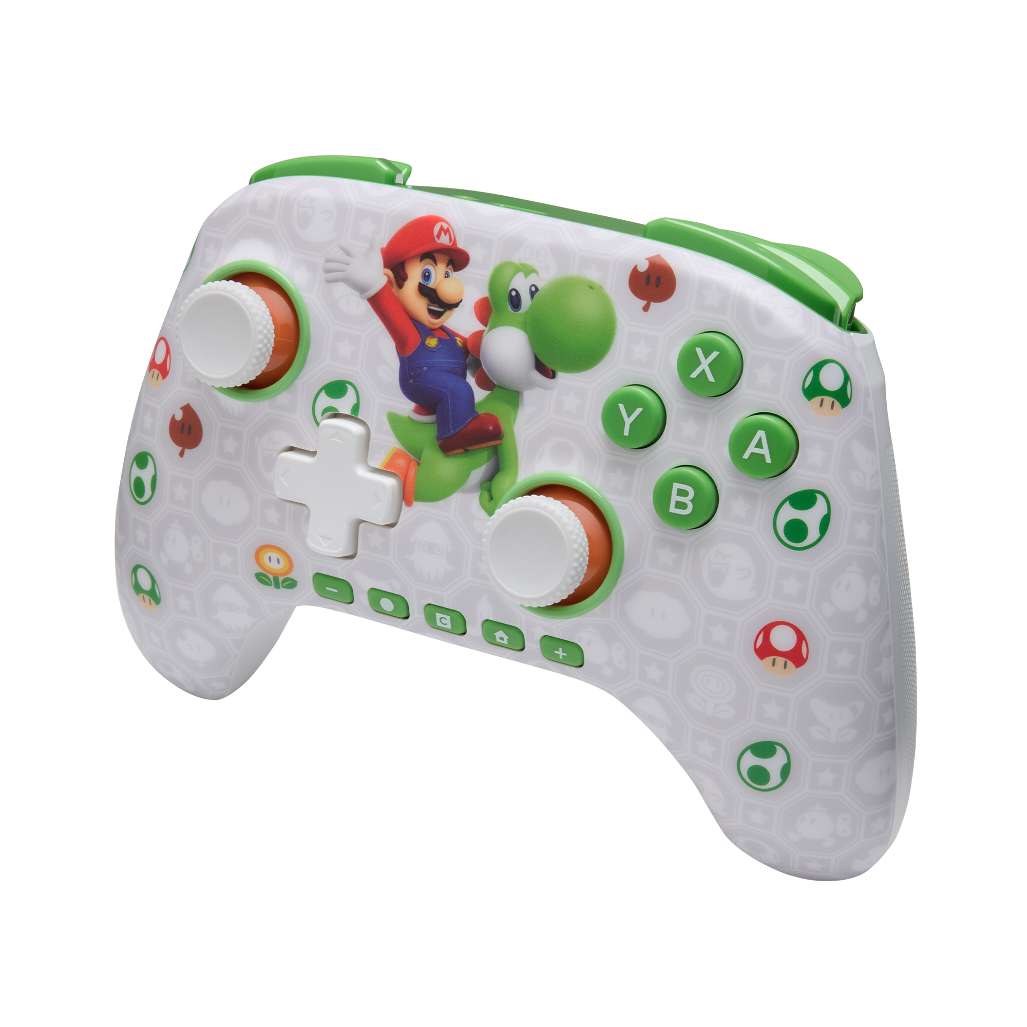 Ein weißer Controller mit Mario und Yoshi-Motiven, grünen Akzenten und Knöpfen.