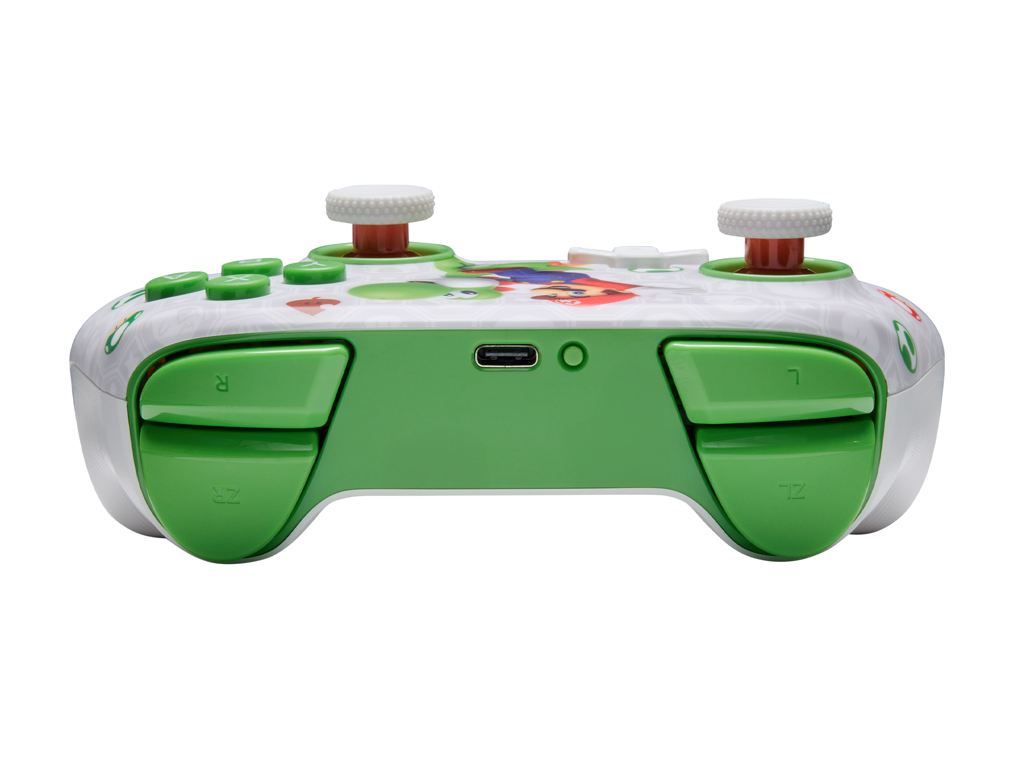 Ein weißer Nintendo-Controller mit Mario-Motiv, grünen Tasten und zwei Joysticks.