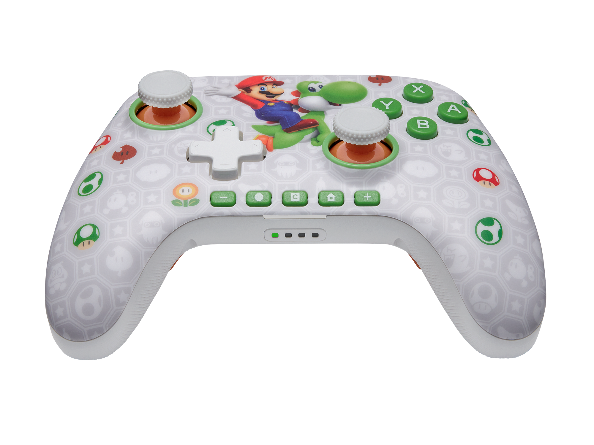 Ein weißer Controller mit Mario und Yoshi, dekoriert mit Super-Mario-Symbolen.