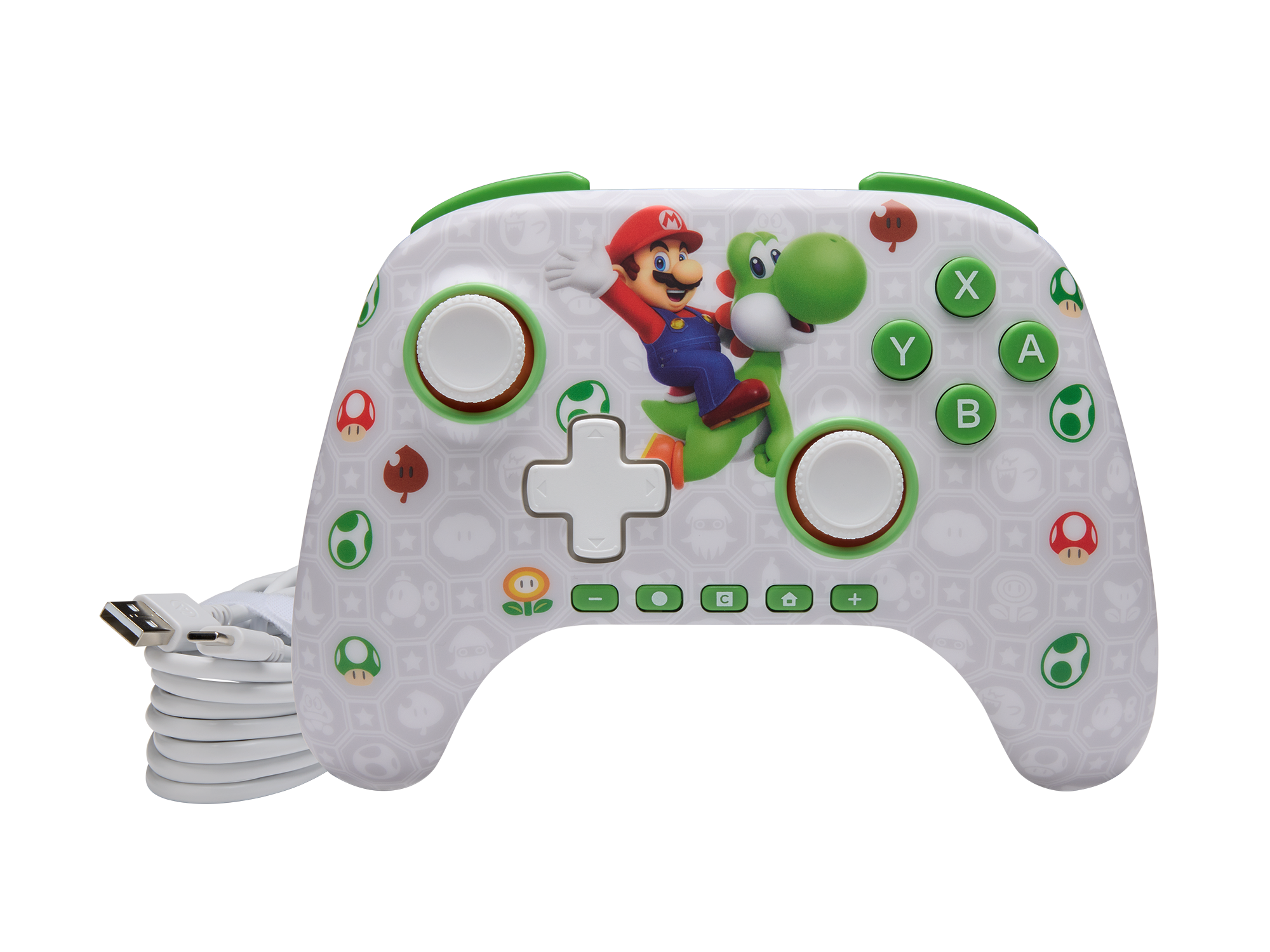Ein weißer Nintendo-Controller mit Mario auf Yoshi, umgeben von Pilzen.