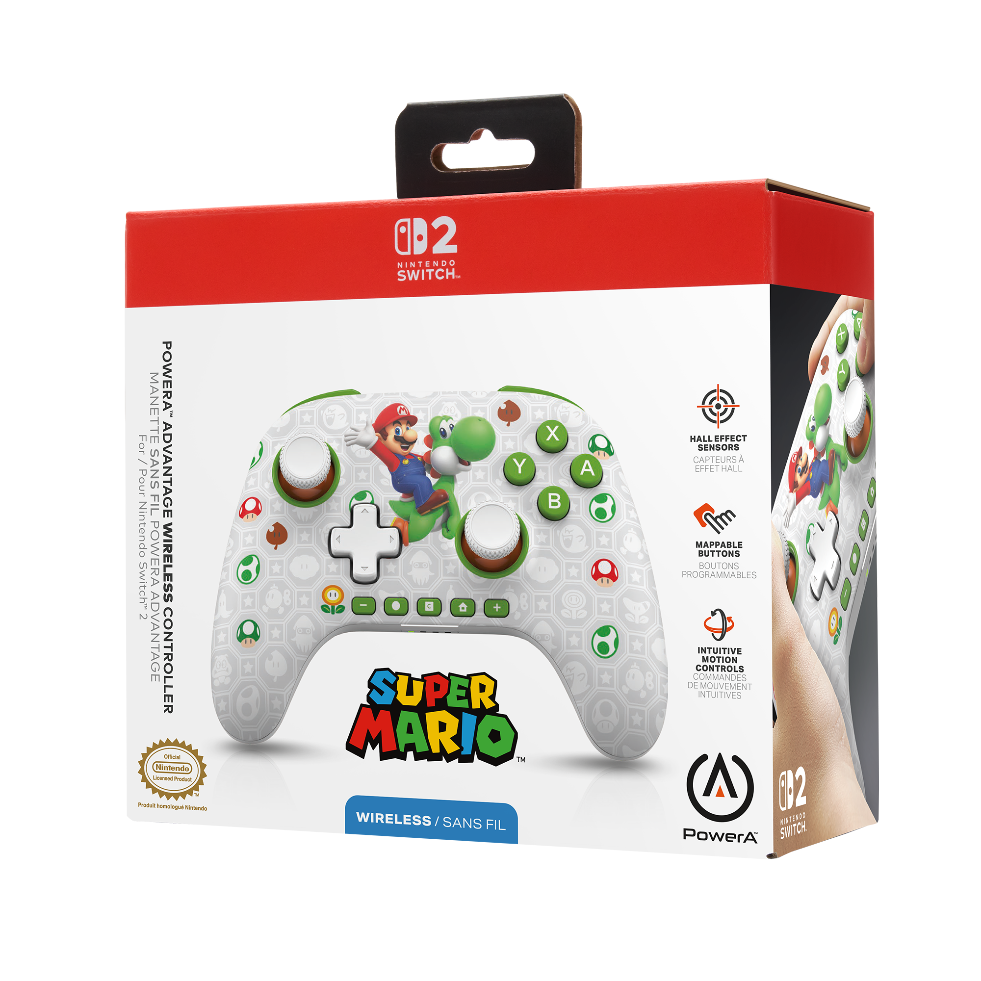 Super Mario Nintendo Switch Controller-Verpackung mit Mario und Yoshi.