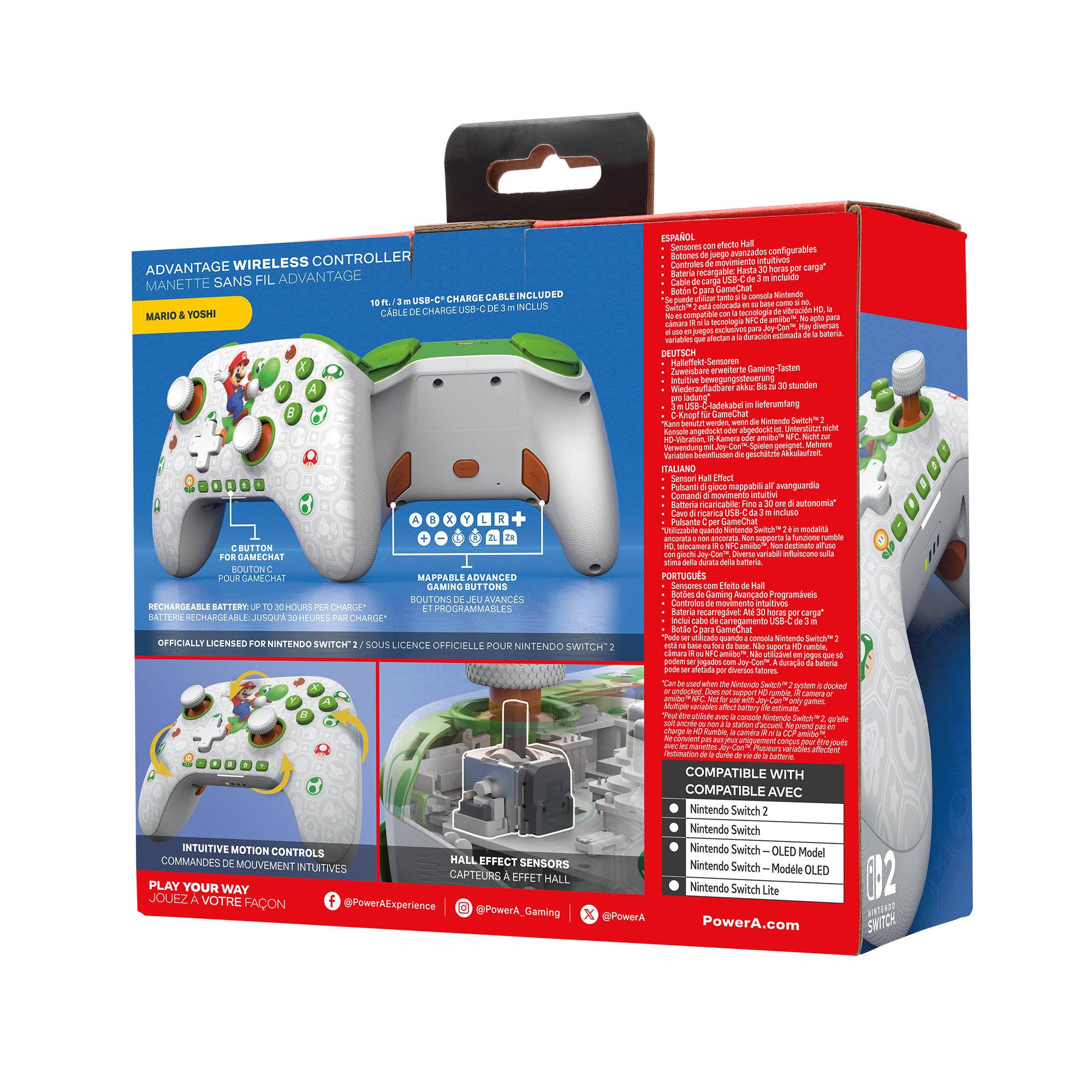 Ein weißer Nintendo Switch Controller mit Mario und Yoshi, USB-C Kabel & Features.