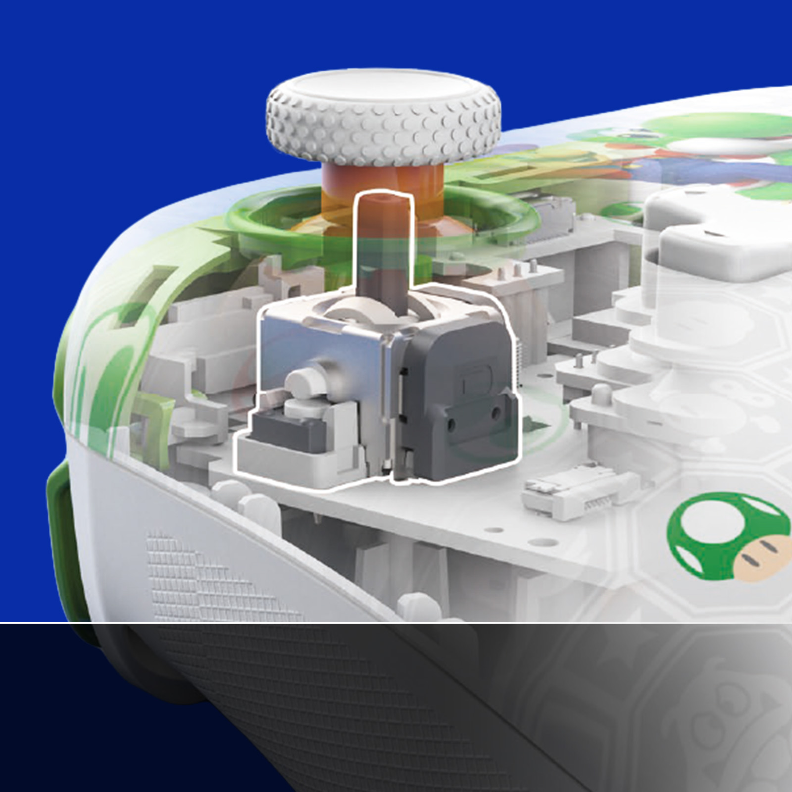 Einblick in einen Controller mit Stickmechanismus, Luigi-Motiv.