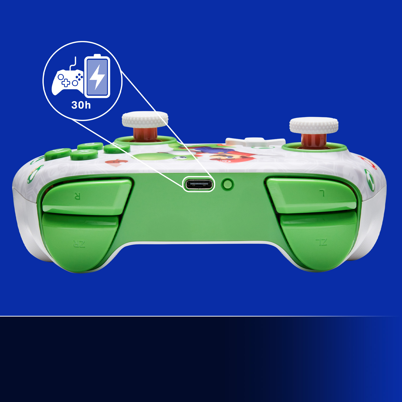 Ein weißer Controller mit Mario-Motiv und grünen Tasten. Anzeige für 30h Akkulaufzeit.