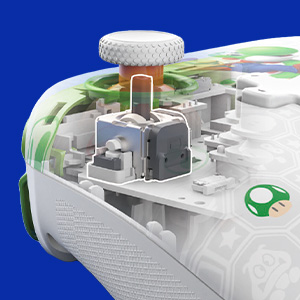 Nahaufnahme eines Controller-Joysticks mit freigelegter Mechanik und Mario-Motiven.