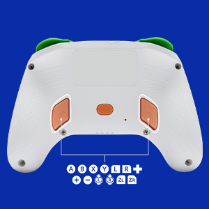 Weiße Controller-Rückseite mit grünen Sticks, orangen Tasten und Tastenbeschriftungen.