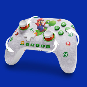 Ein weißer Nintendo-Controller mit Mario und Yoshi-Motiven. Pfeile zeigen Drehungen.