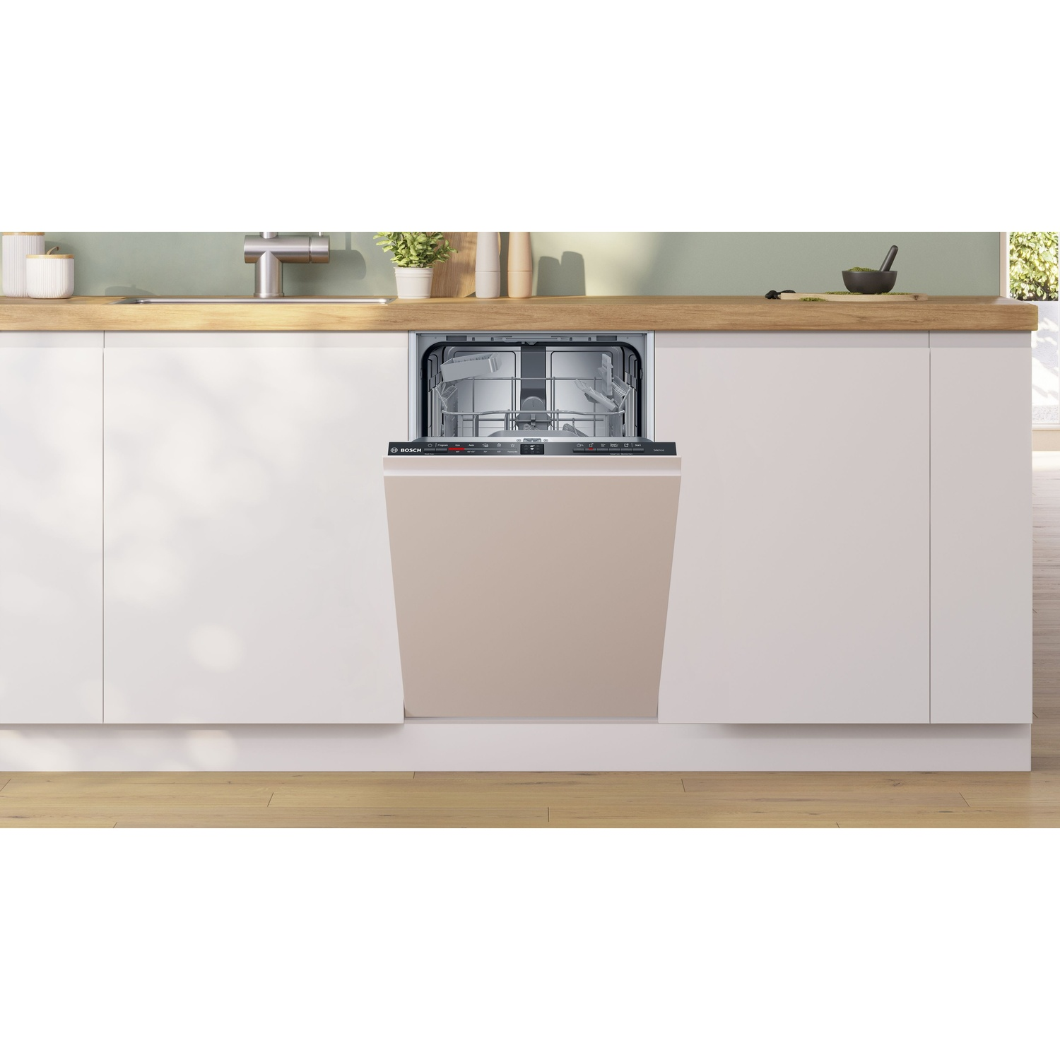 Lavastoviglie aperta con frontale beige in cucina moderna.