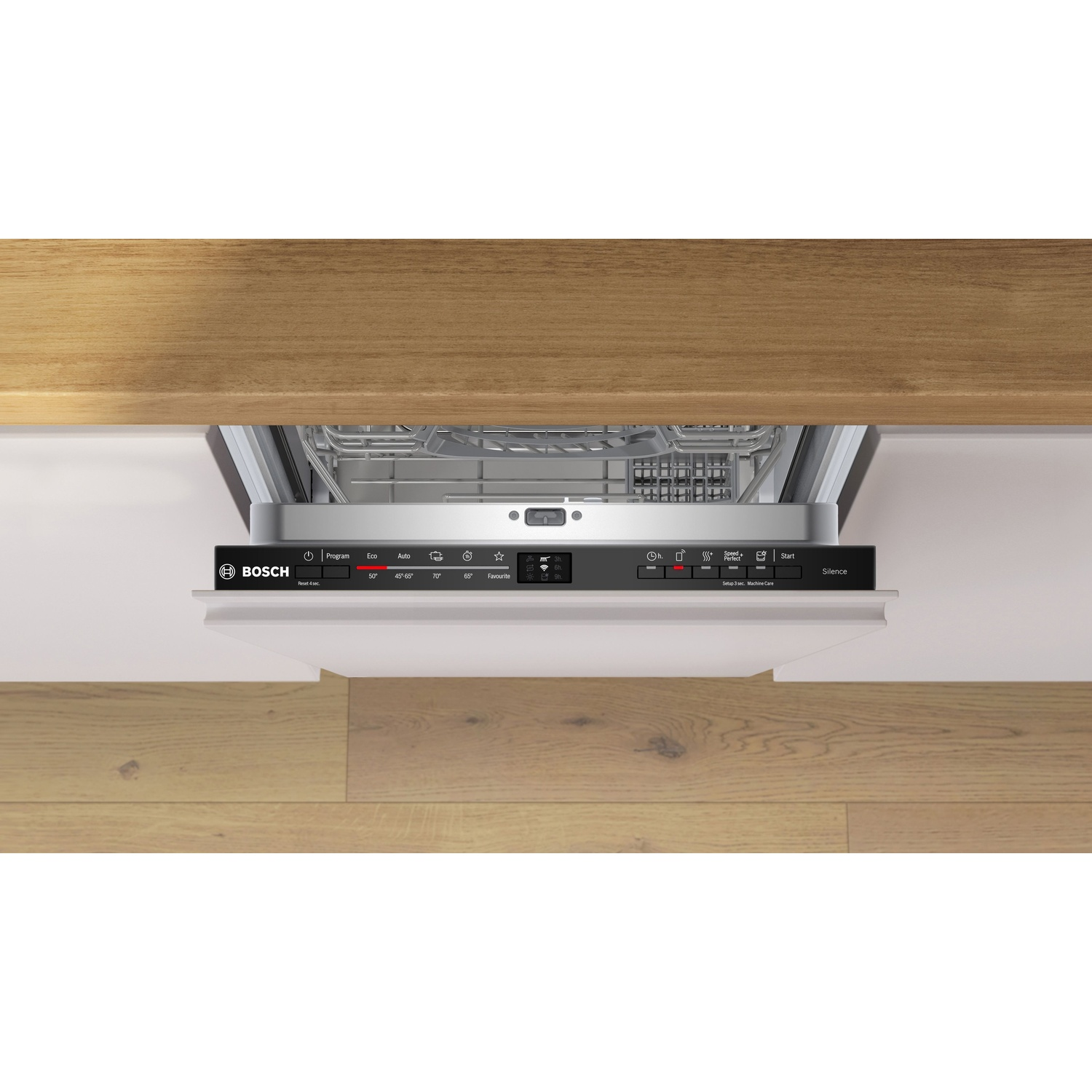 Pannello di controllo lavastoviglie Bosch con selezione programmi e pulsante avvio.
