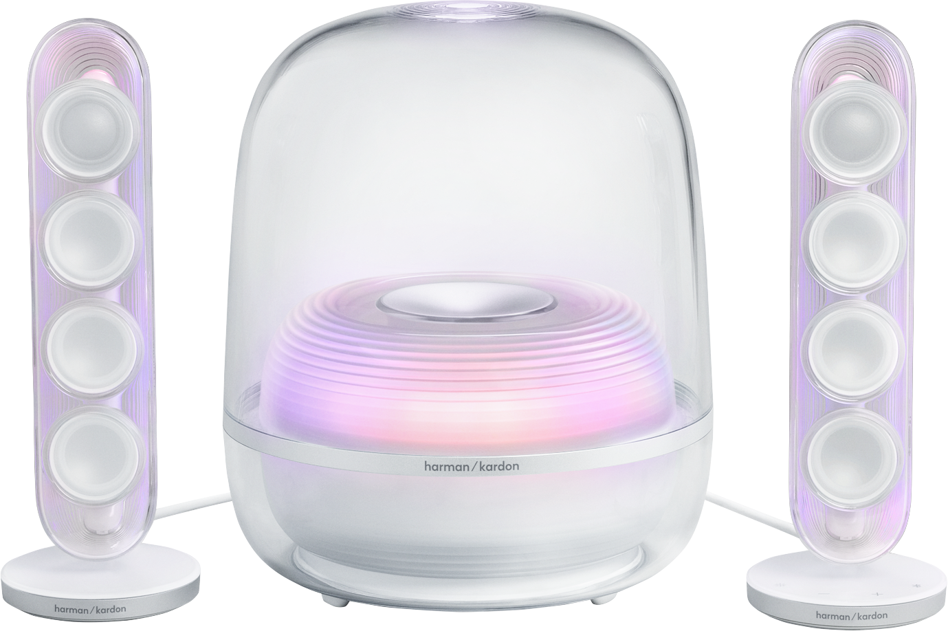 Fehér Harman Kardon hangszórók üvegkupollal és színváltó világítással.