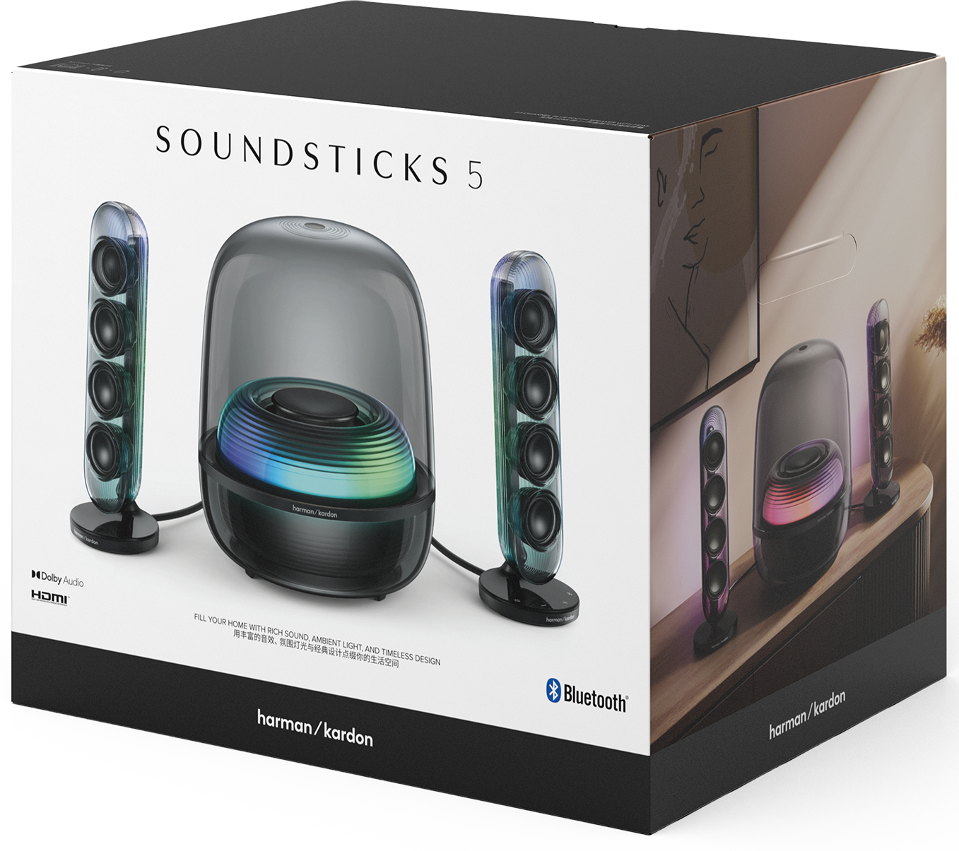 Harman Kardon Soundsticks 5: átlátszó hangszórók színes LED-ekkel és mélynyomóval.