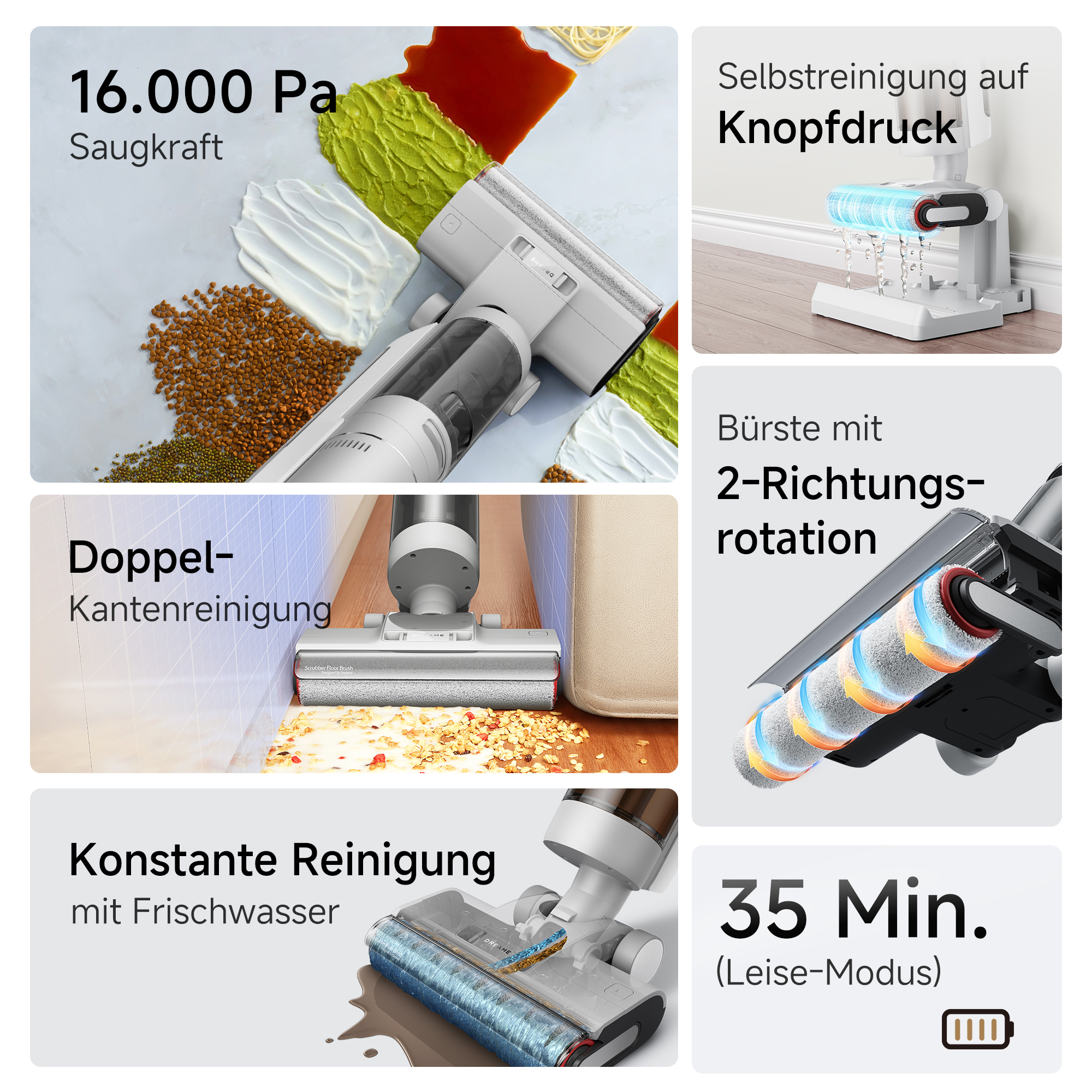 Staubsauger mit 16.000 Pa Saugkraft, Selbstreinigung, Doppel-Kantenreinigung und 35 Min. Akkulaufzeit.