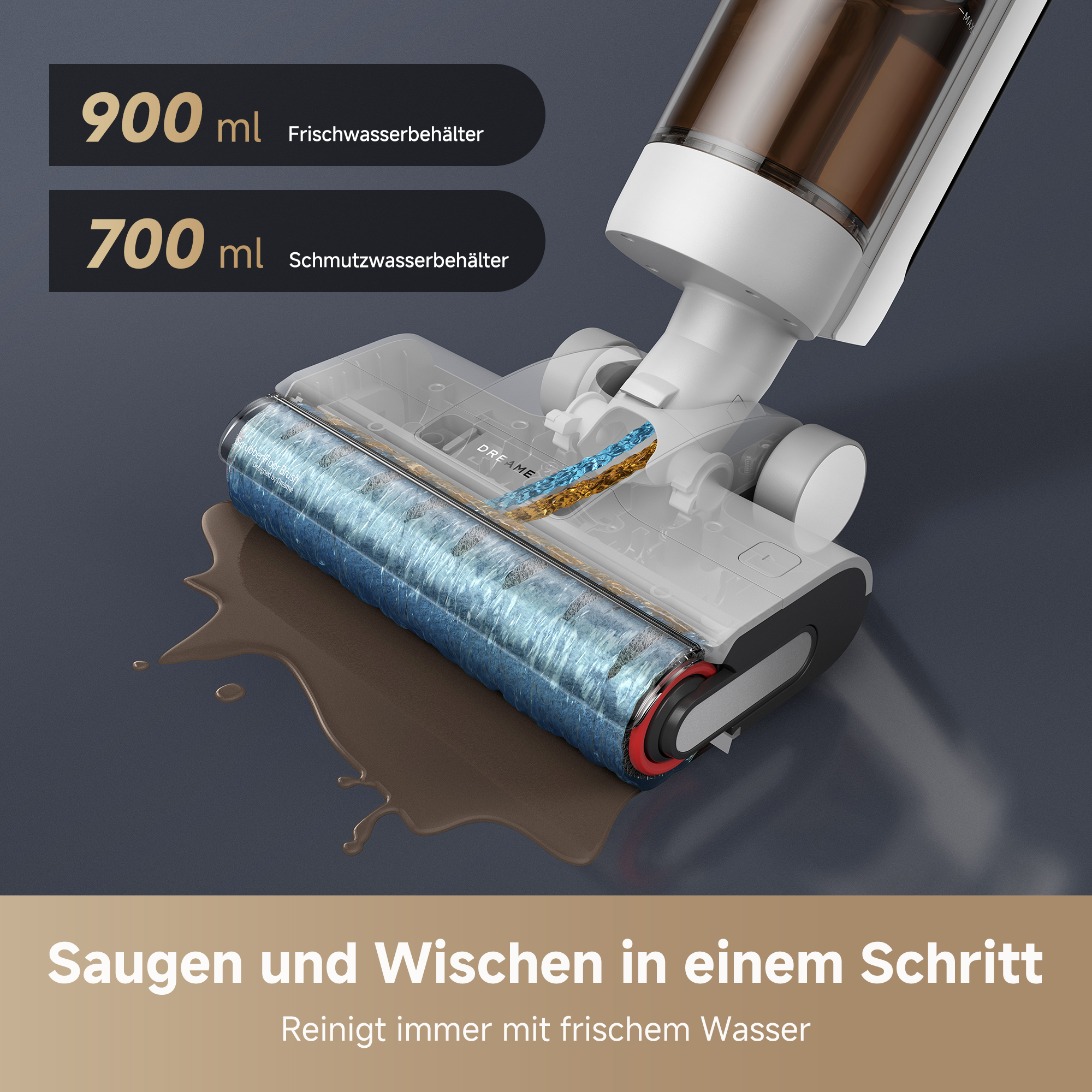 Eine Staubsaugerbürste mit blauen & goldenen Wasserströmen und schmutzigem Wasser.