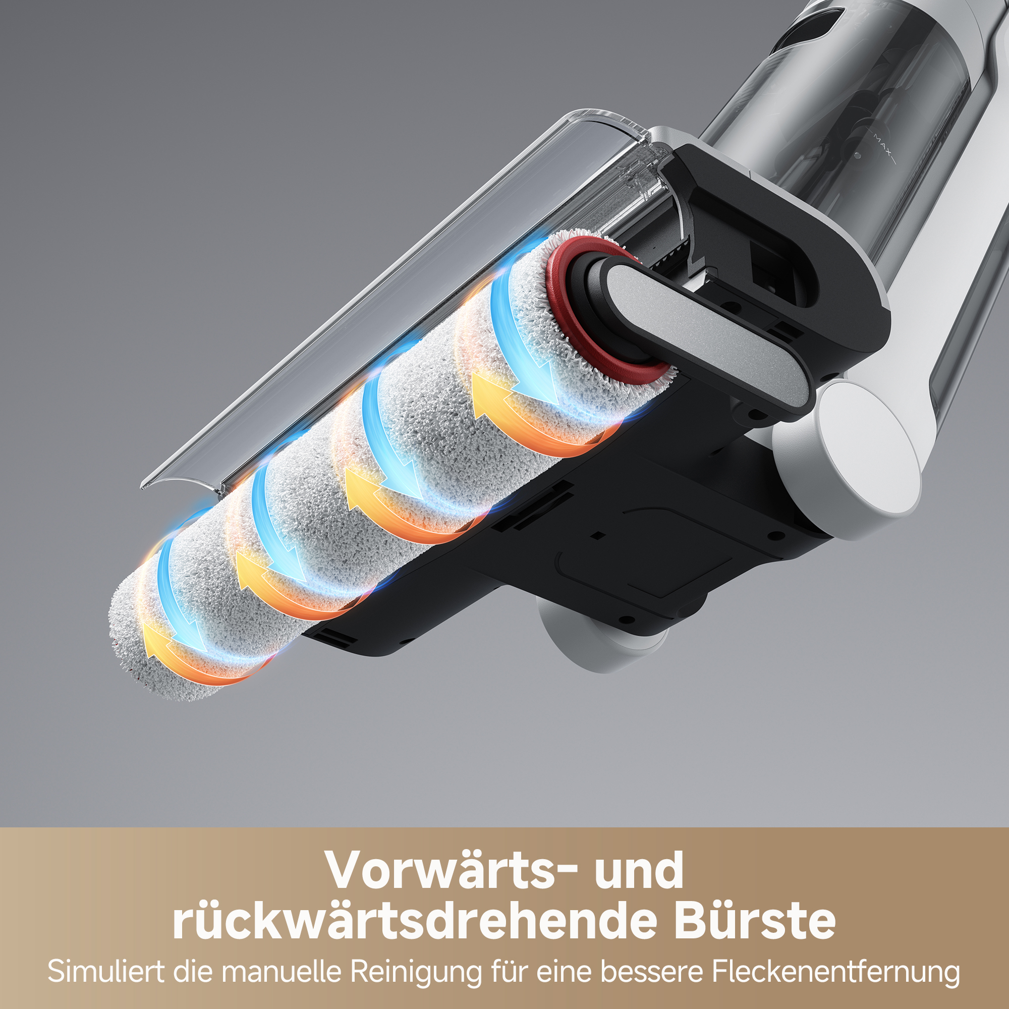 Drehende Bürste mit Pfeilen, die Vorwärts- und Rückwärtsbewegung anzeigen.