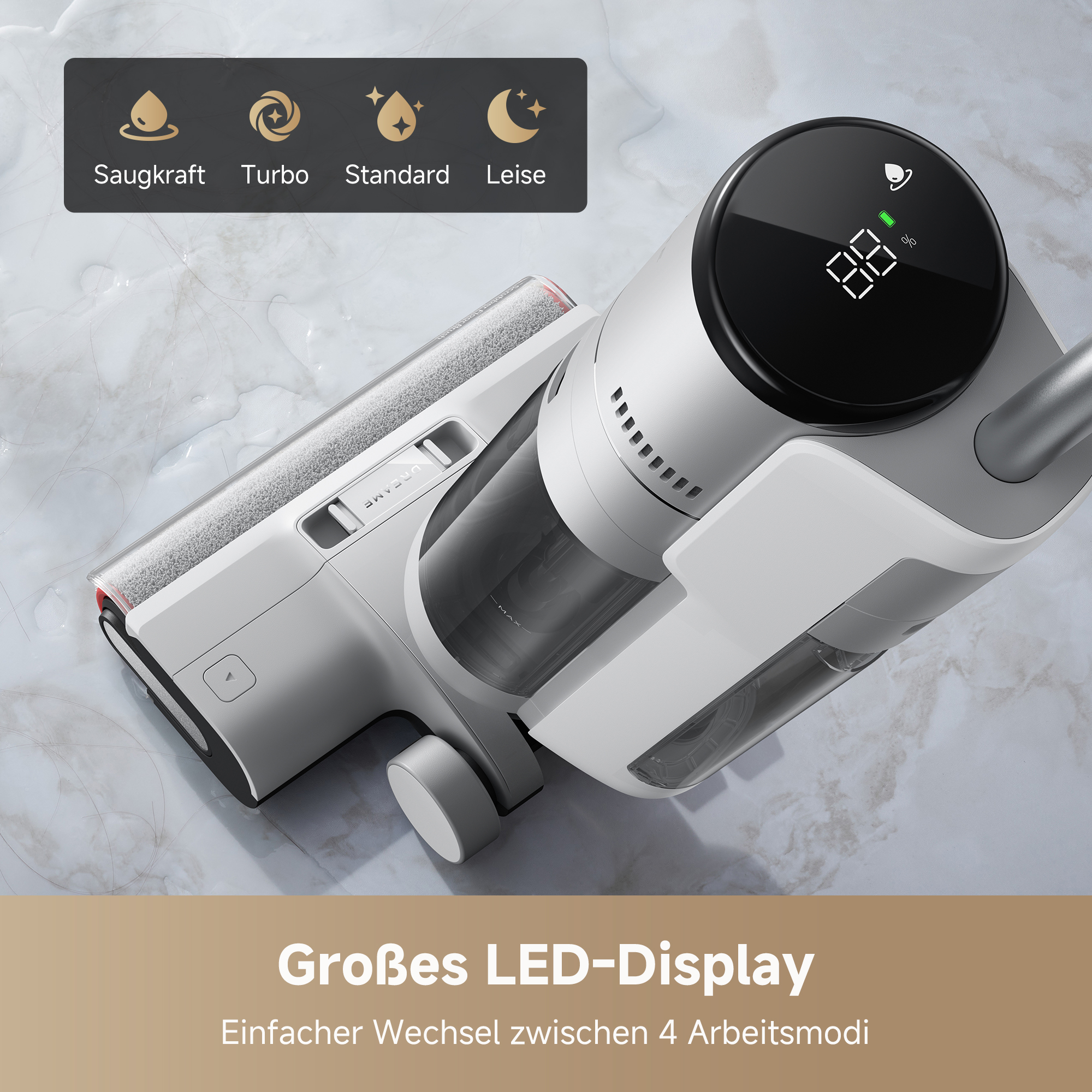 Ein weißer kabelloser Staubsauger mit LED-Display und vier Saugmodi.