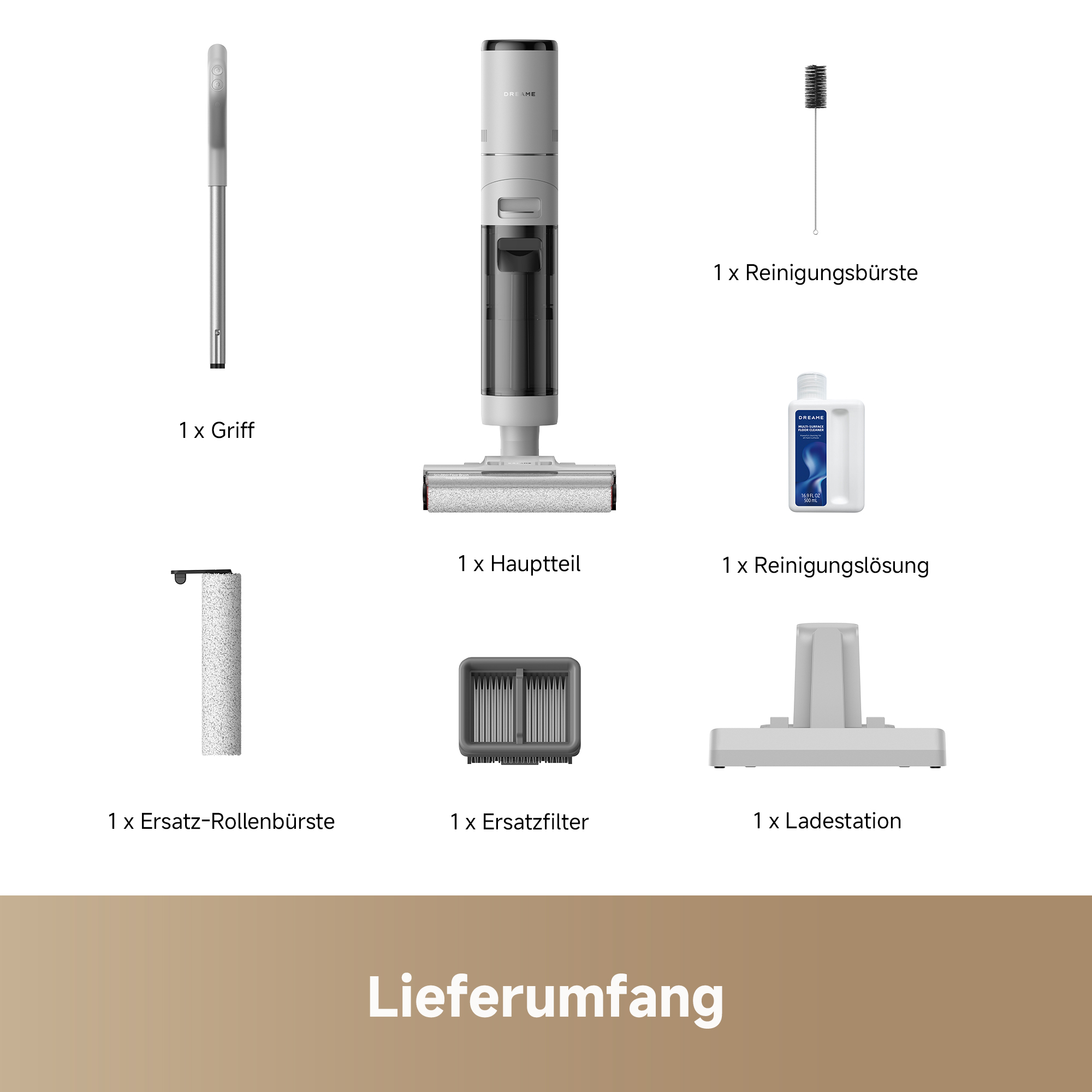 Zubehör für einen Bodenreiniger: Griff, Hauptteil, Rolle, Filter, Bürste, Lösung, Ladestation.