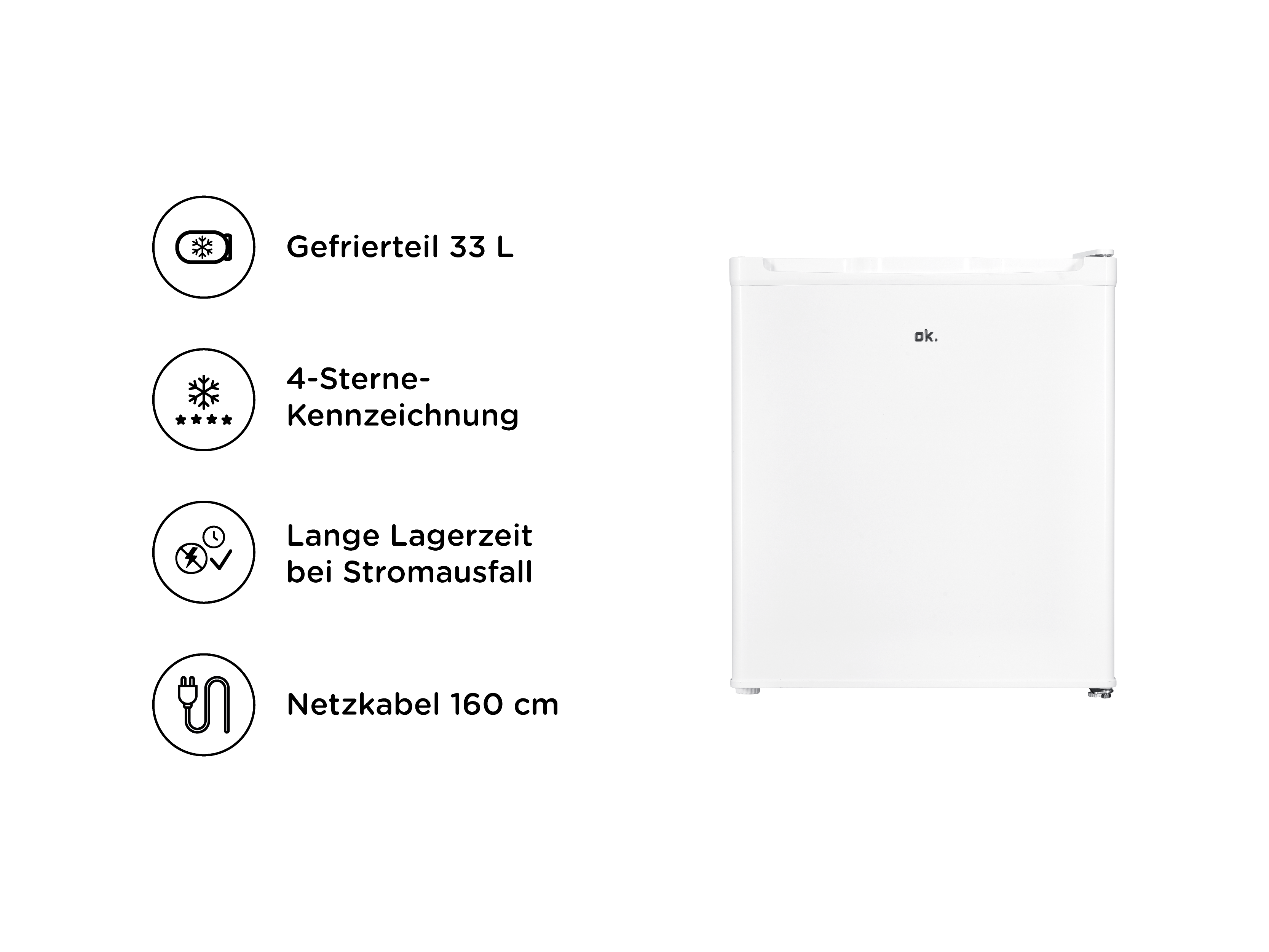 Weißer Kühlschrank mit Gefrierteil, 33 L. 4-Sterne, lange Lagerzeit bei Stromausfall, 160cm Kabel.