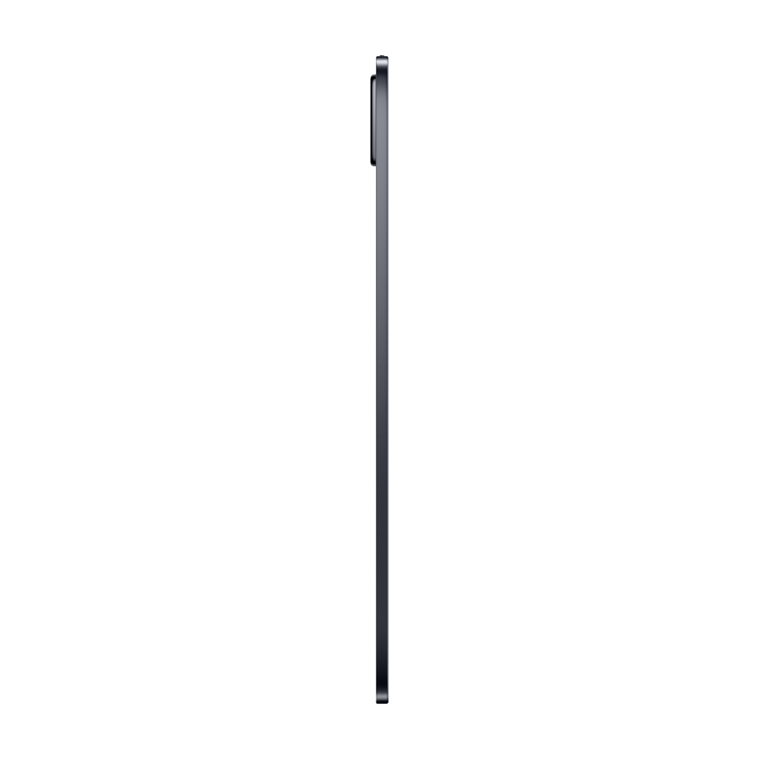 Un tablet grigio visto di lato su sfondo bianco.