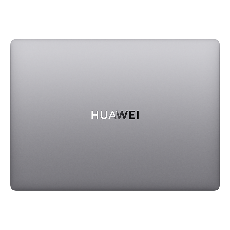 Ortasında HUAWEI logosu bulunan kapalı gri dizüstü bilgisayar.
