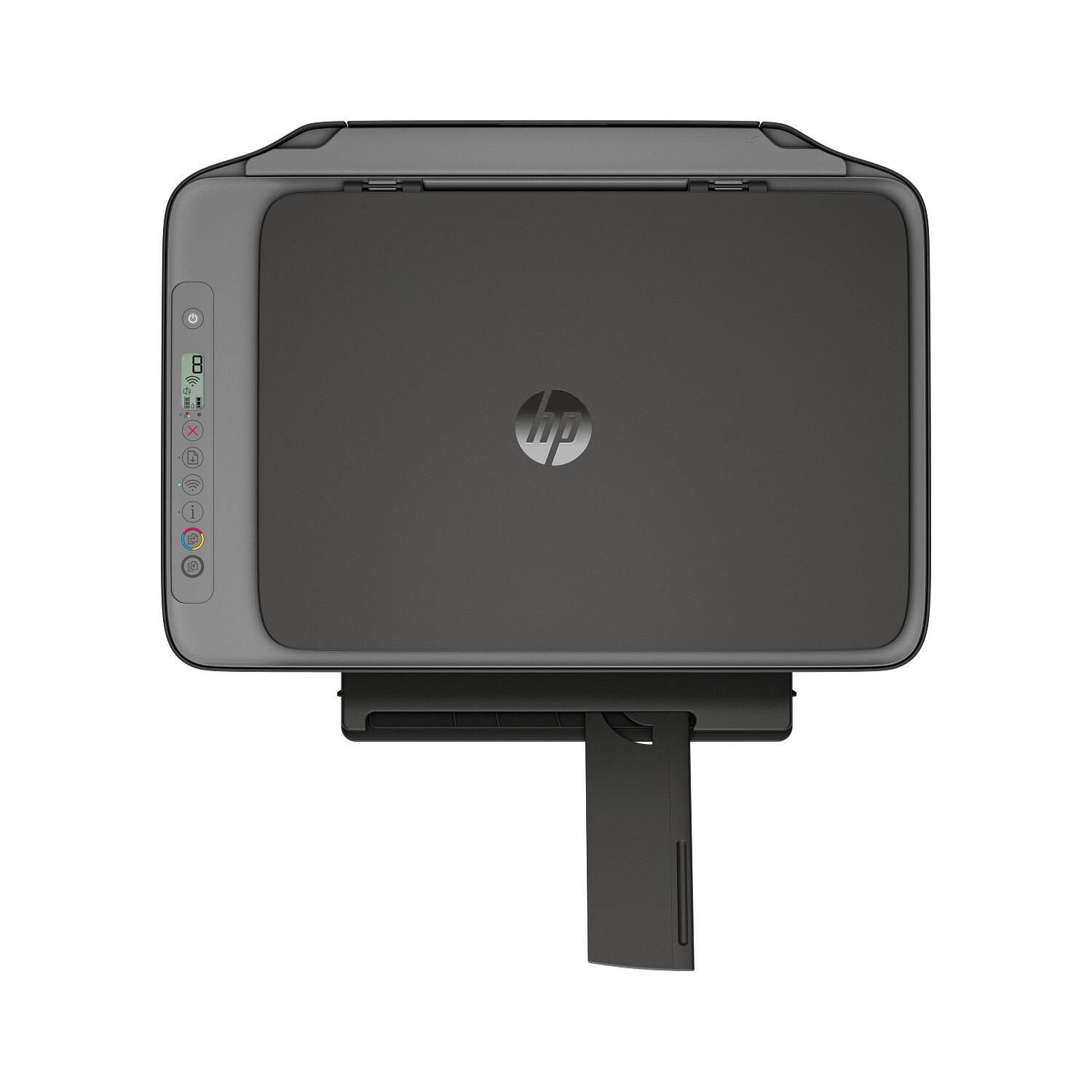 Una impresora HP negra con su bandeja de salida de papel, vista desde arriba.