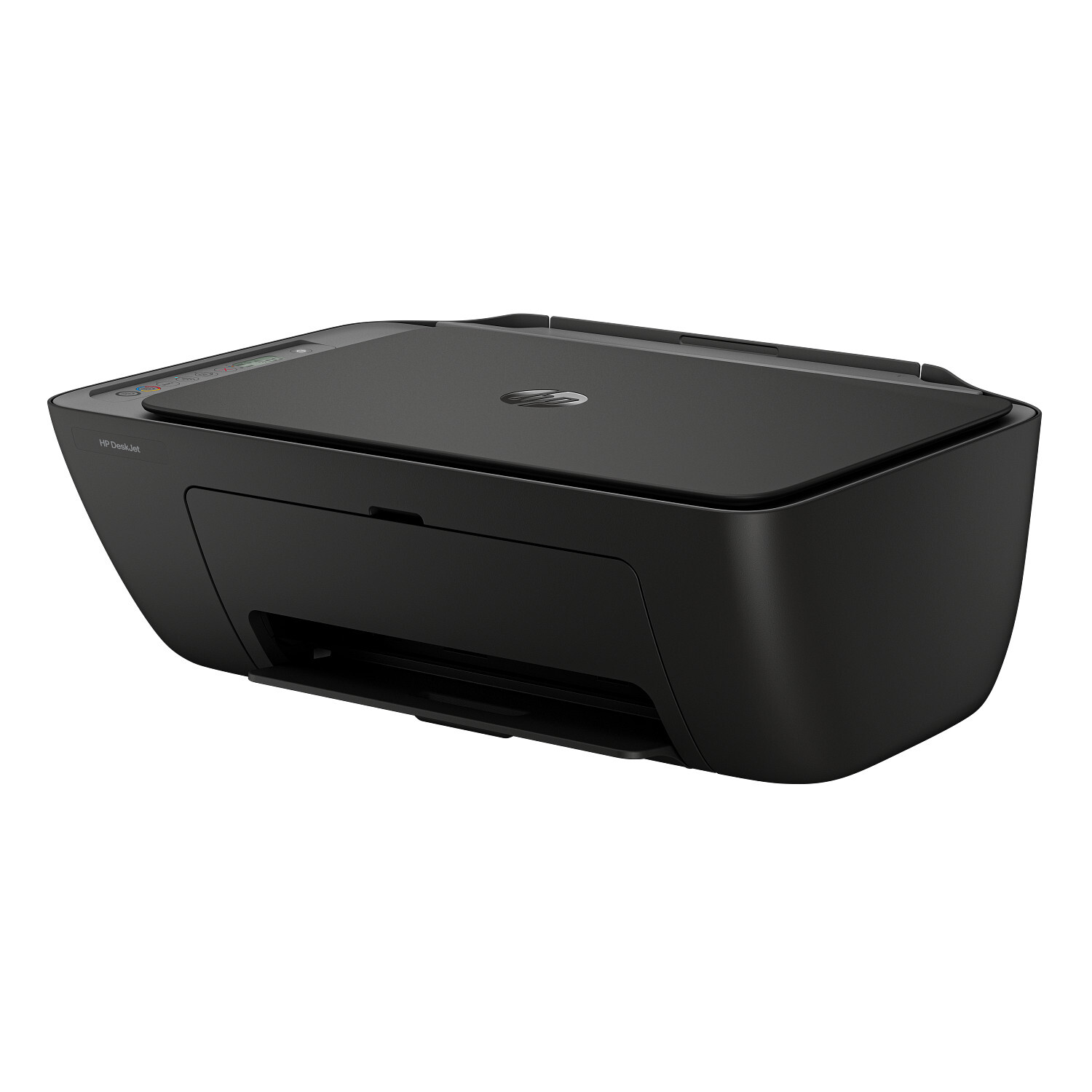 Una impresora HP DeskJet negra sobre fondo blanco.