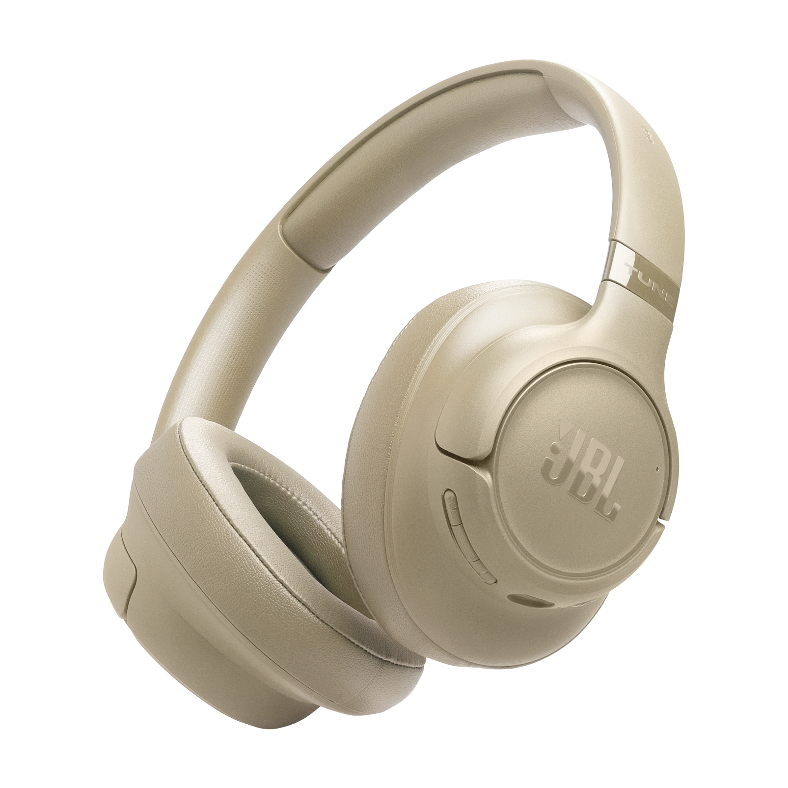 Yastıklı kulaklıkları ve kafa bandı olan bej JBL kulaklık.