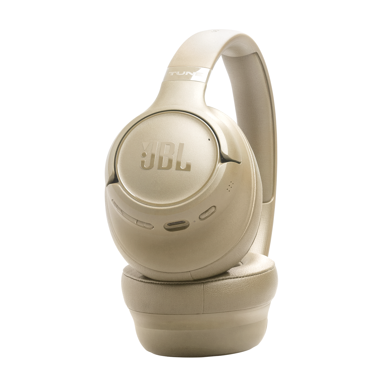 Yastıklı kafa bandı ve kulaklıkları olan bej JBL kulaklık.