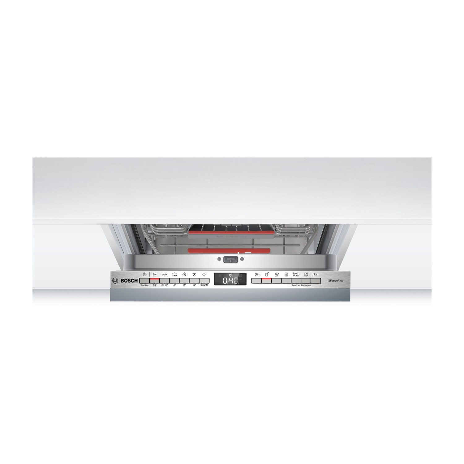 Pannello di controllo lavastoviglie Bosch con display '0:40' e pulsanti.