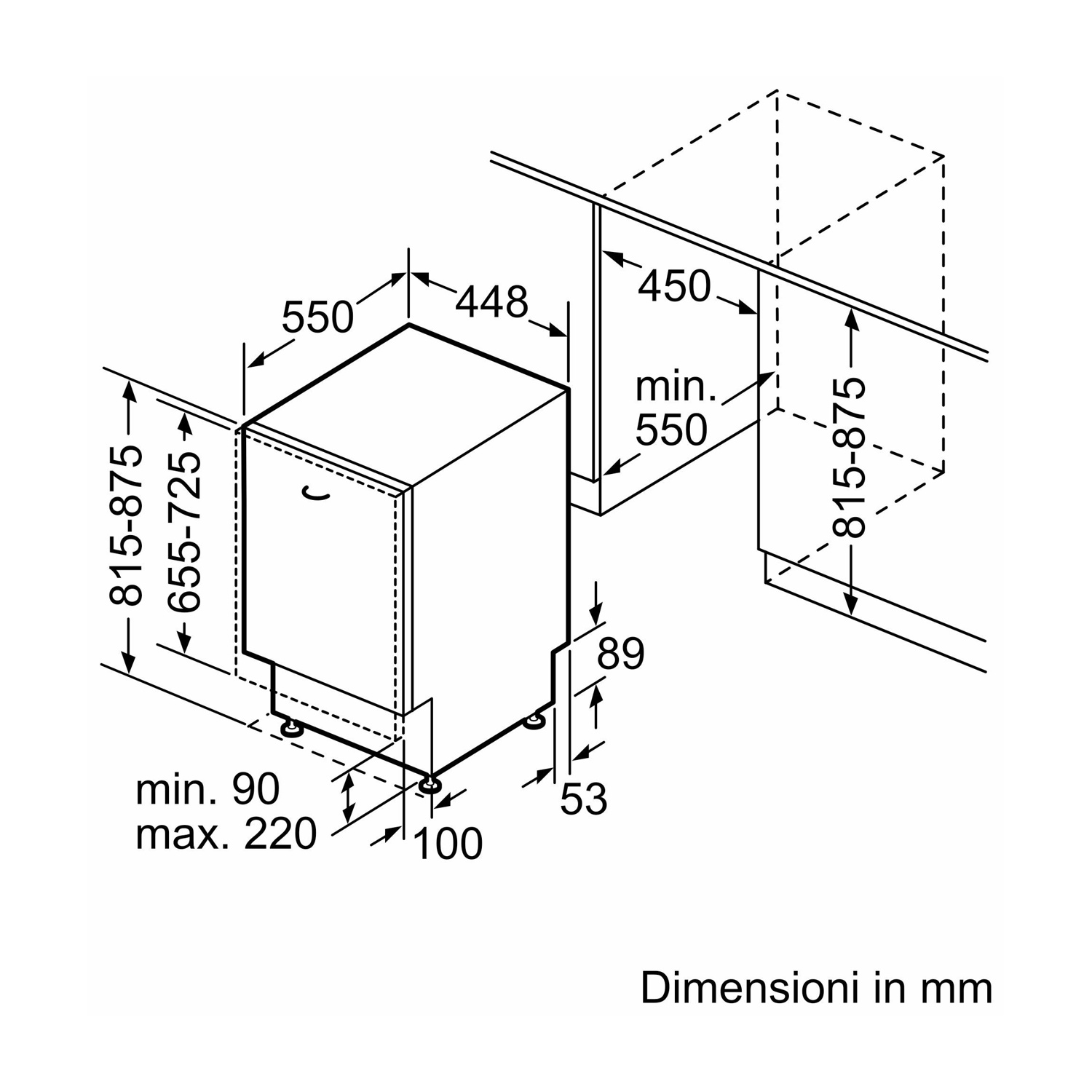 Disegno tecnico di un apparecchio con dimensioni in mm.