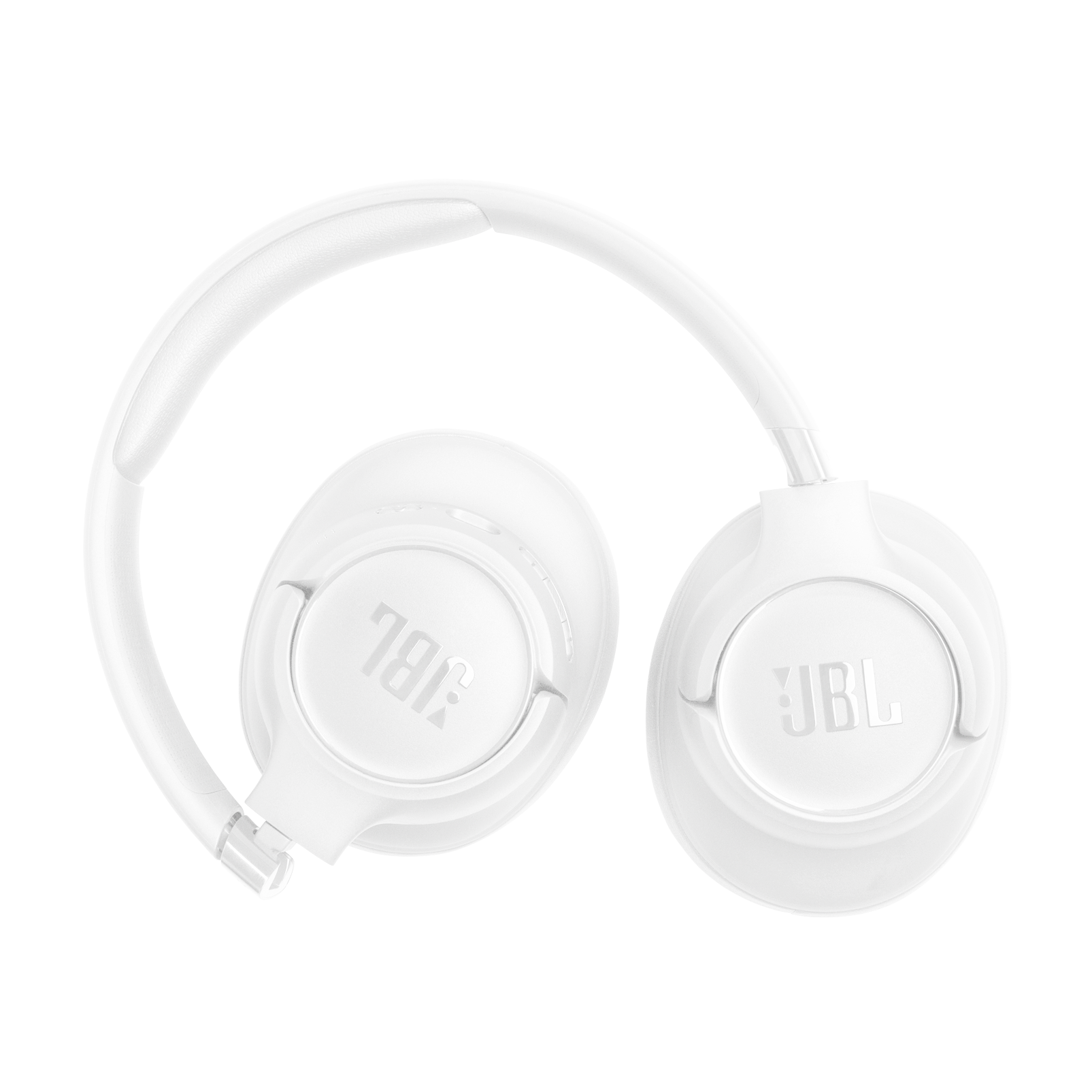 Yastıklı kafa bandı ve kulaklıkları olan beyaz JBL kulaklık.