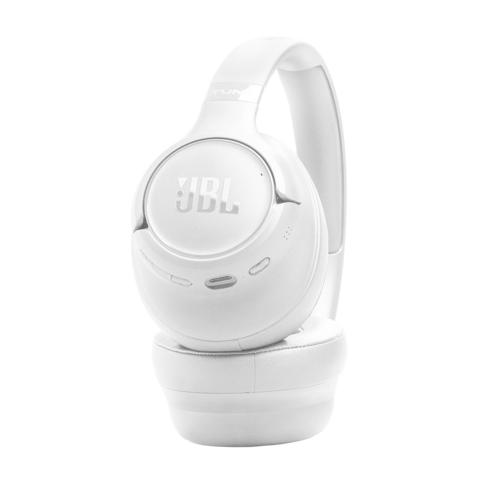 Yastıklı kulaklıkları ve ayarlanabilir baş bandı olan beyaz JBL kulaklık.
