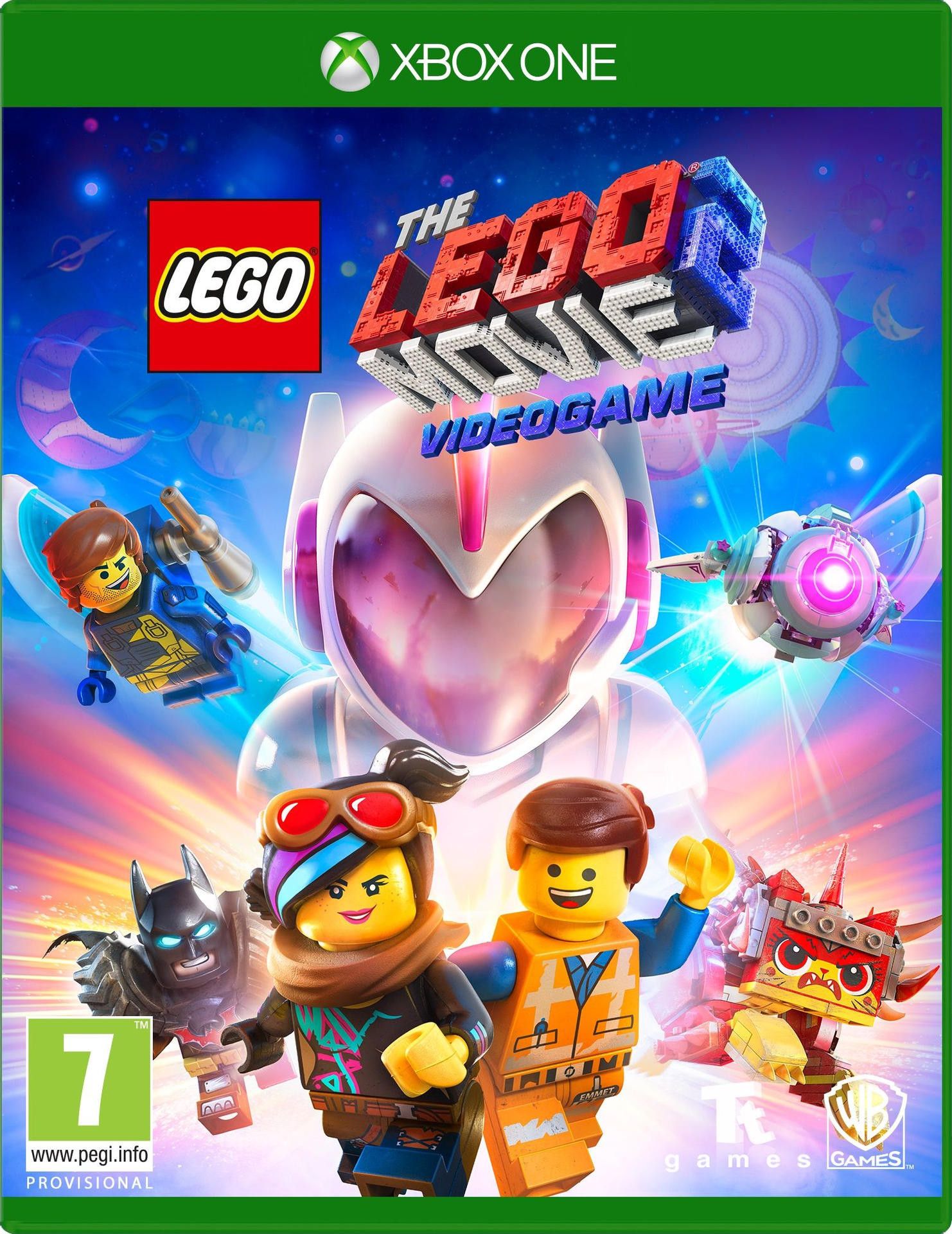Okładka gry The Lego Movie 2 z Emmetem, Batmanem, Sweet Mayhem i innymi postaciami.