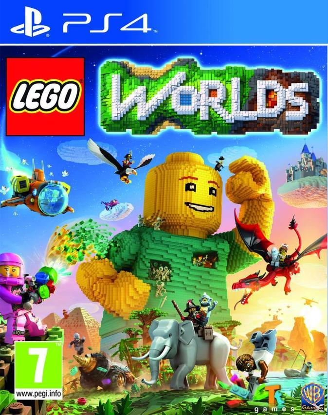 Okładka Lego Worlds PS4: Gigantyczna postać Lego, smok, słoń i postacie w kanciastym świecie.