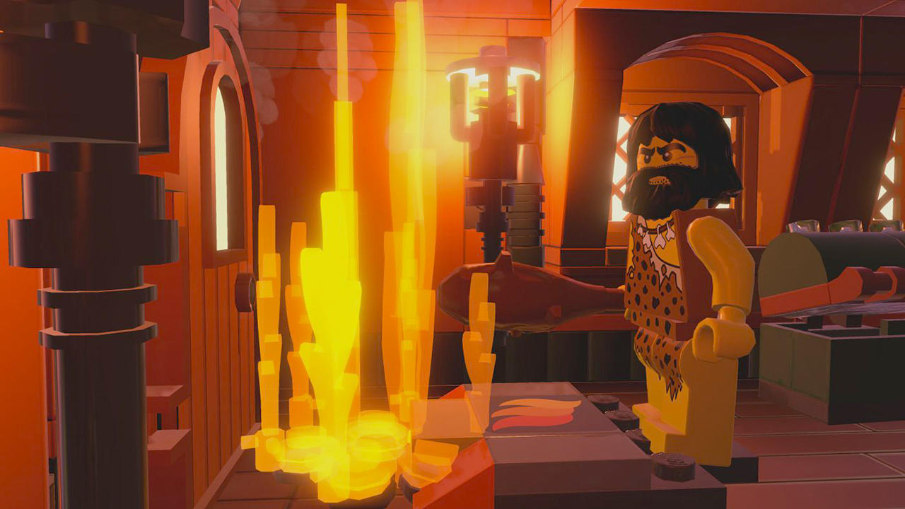 Jaskiniowiec stoi przy ogniu w warsztacie z drewnianymi ścianami.