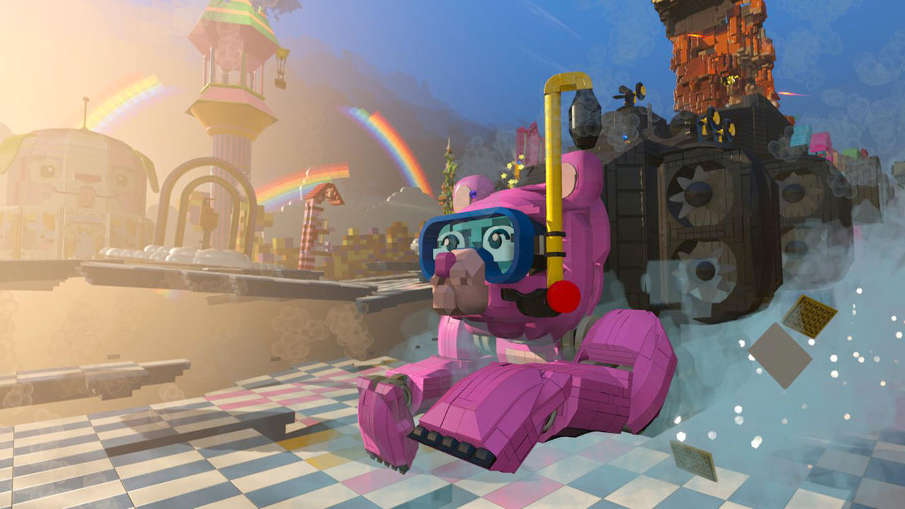 Różowy miś z fajką siedzi w kolorowym, klockowym świecie z tęczami i wieżami.