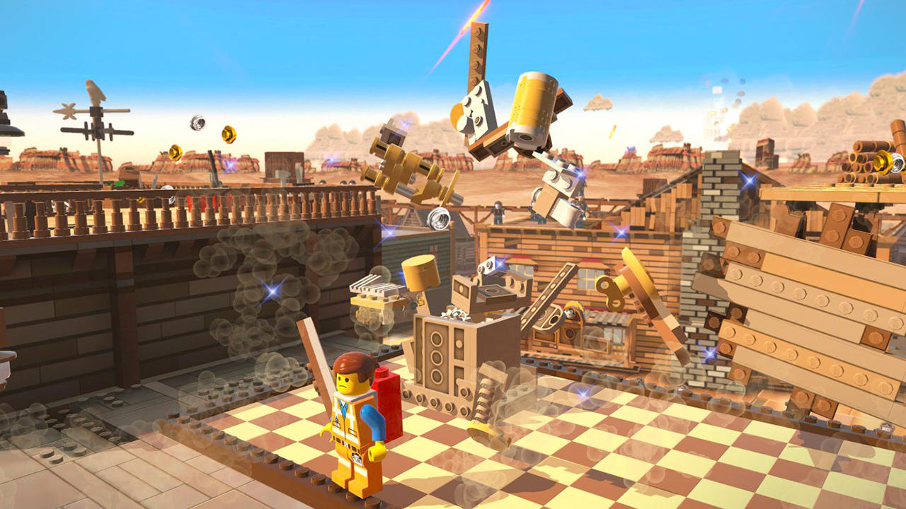Postać Lego w miasteczku western, latające klocki.