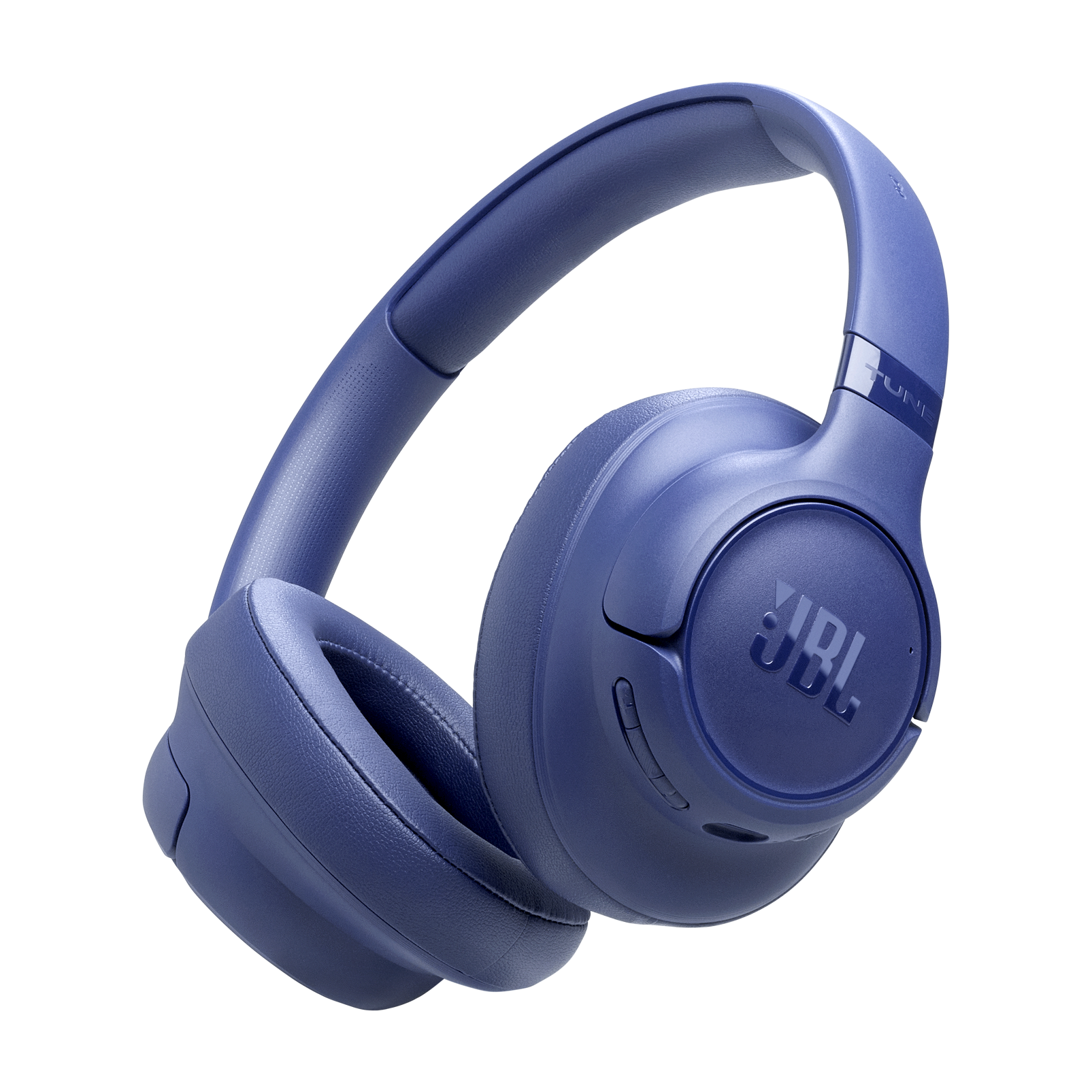 Mavi JBL kulaklık, kulak yastıkları ve ayarlanabilir kafa bandı.
