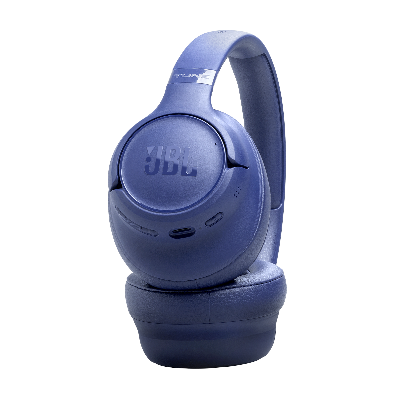 Kulaklıkları ve ayarlanabilir bandı olan mavi JBL kulaklık.