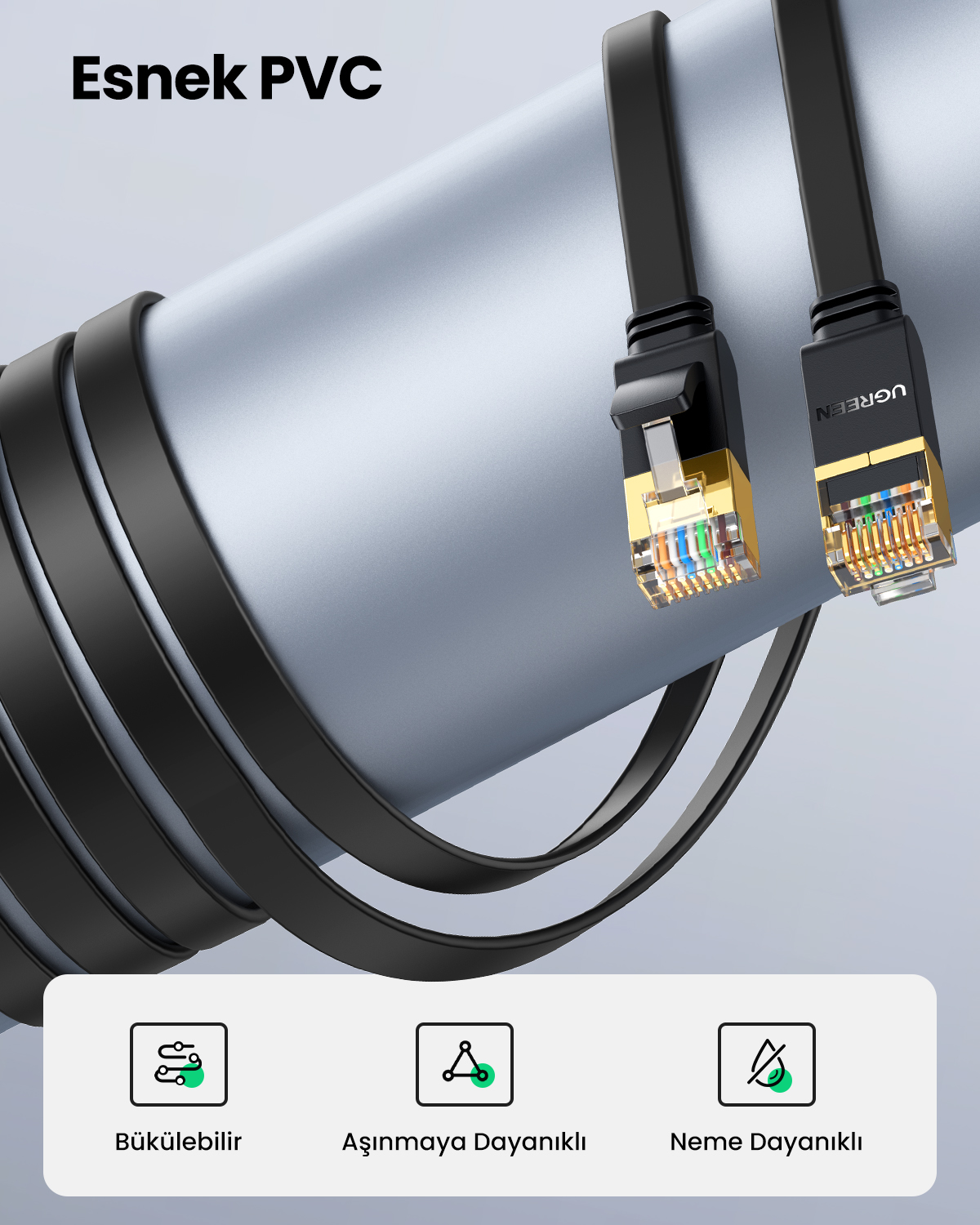 Altın RJ45 konnektörlü siyah yassı kablo, gri arka planda.