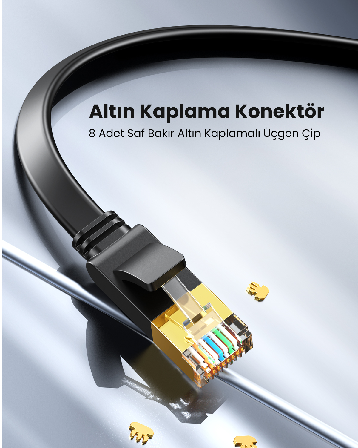 Altın konektörlü ve renkli telli siyah Ethernet kablosu.