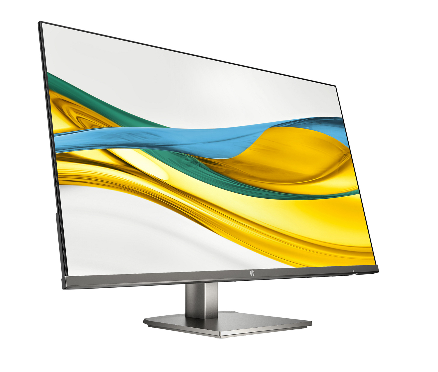 Un monitor moderno con un fondo abstracto y fluido en colores amarillo y azul.