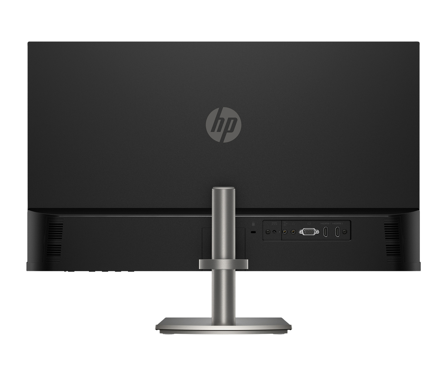 Parte trasera de un monitor HP negro con soporte plateado y puertos.