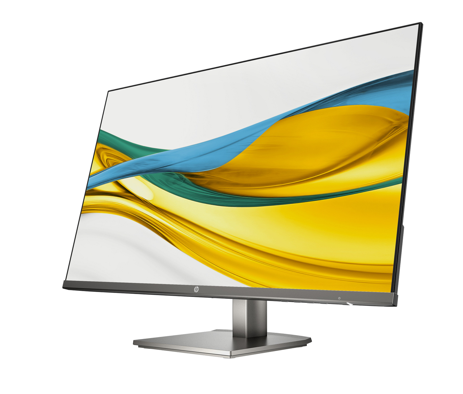 Un monitor de computadora moderno con un fondo abstracto amarillo, verde y azul.
