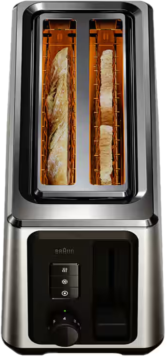 Un grille-pain argenté avec deux fentes, faisant griller du pain à l'intérieur.