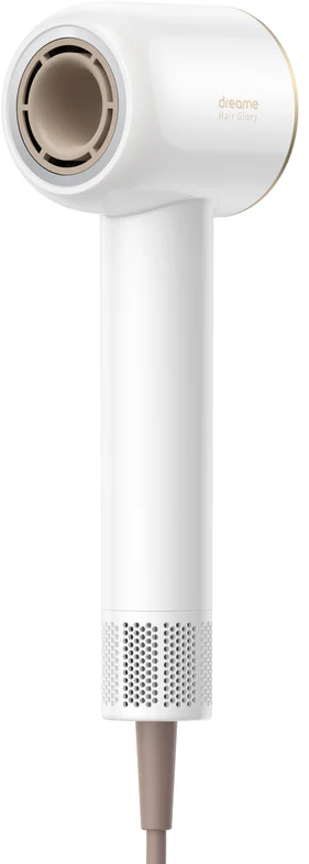 Sèche-cheveux blanc Dreame Hair Glory avec bordure dorée et buse beige.