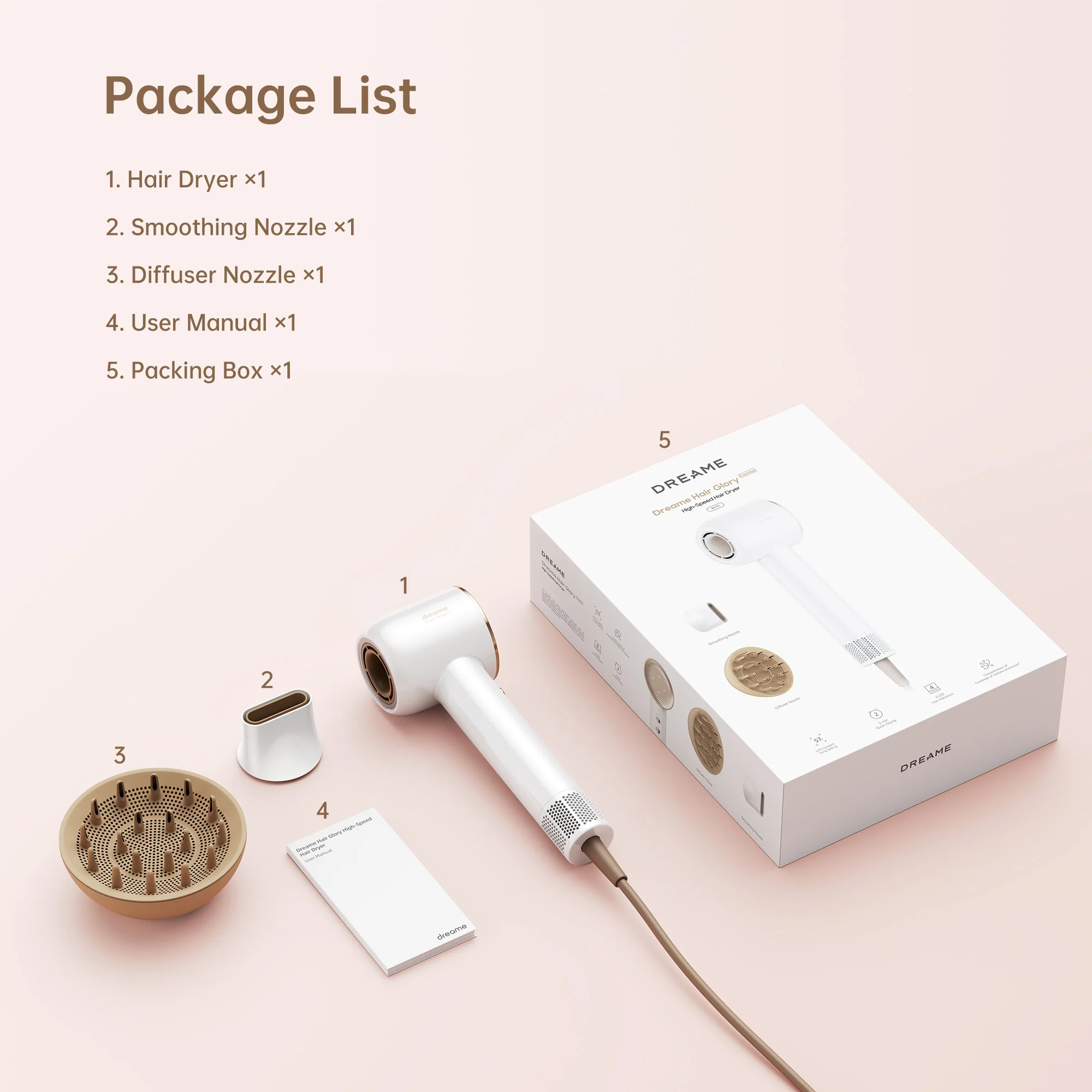 Un sèche-cheveux blanc avec accessoires et emballage sur fond rose.