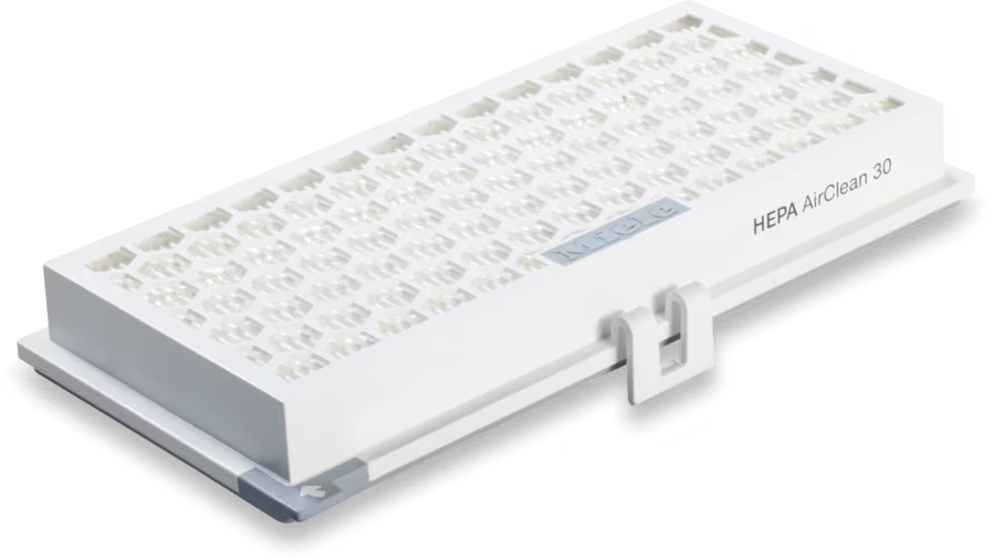 Ein weißer HEPA AirClean 30 Filter mit wabenartiger Oberseite.