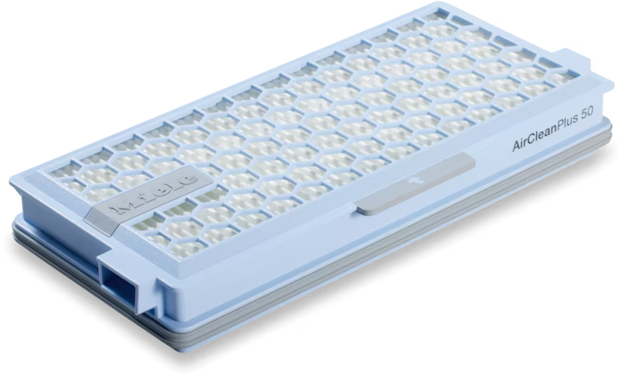 Un filtro Miele AirCleanPlus 50 con struttura a nido d'ape e bordo blu.