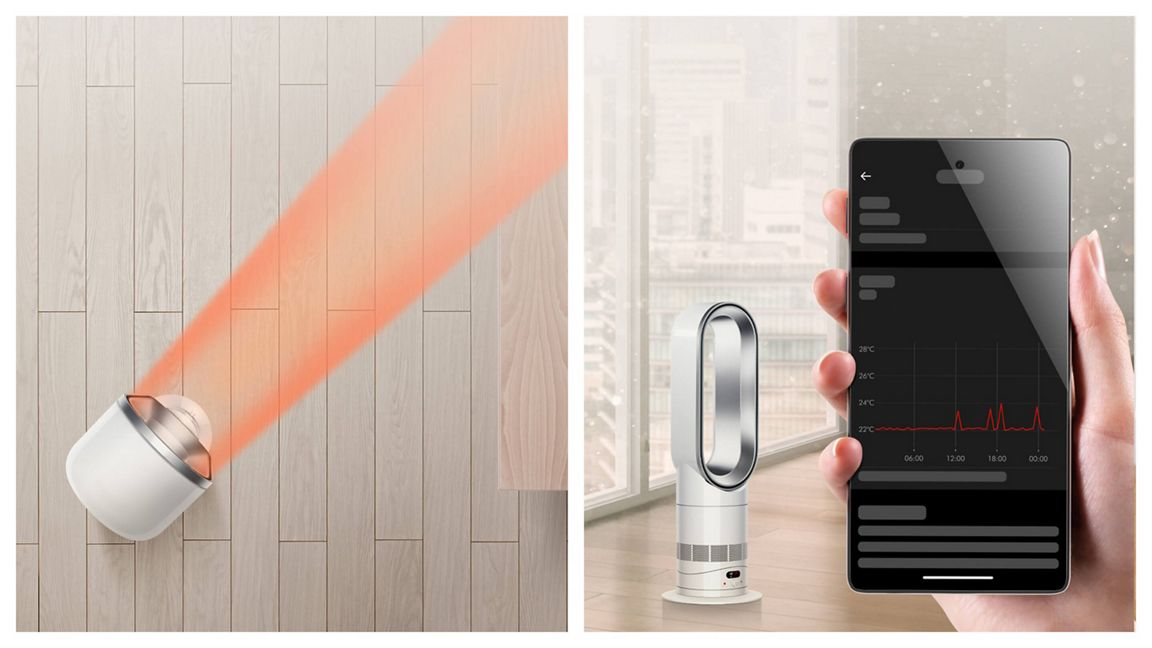 Un radiateur chauffe un plancher en bois; un smartphone affiche des données de température.