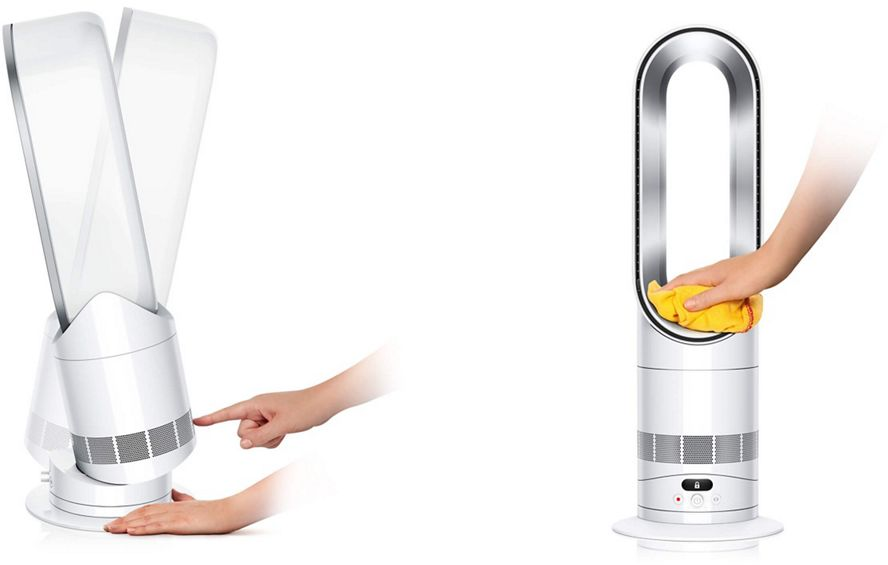 Un ventilateur blanc est nettoyé avec un chiffon jaune à droite, une main le touche à gauche.